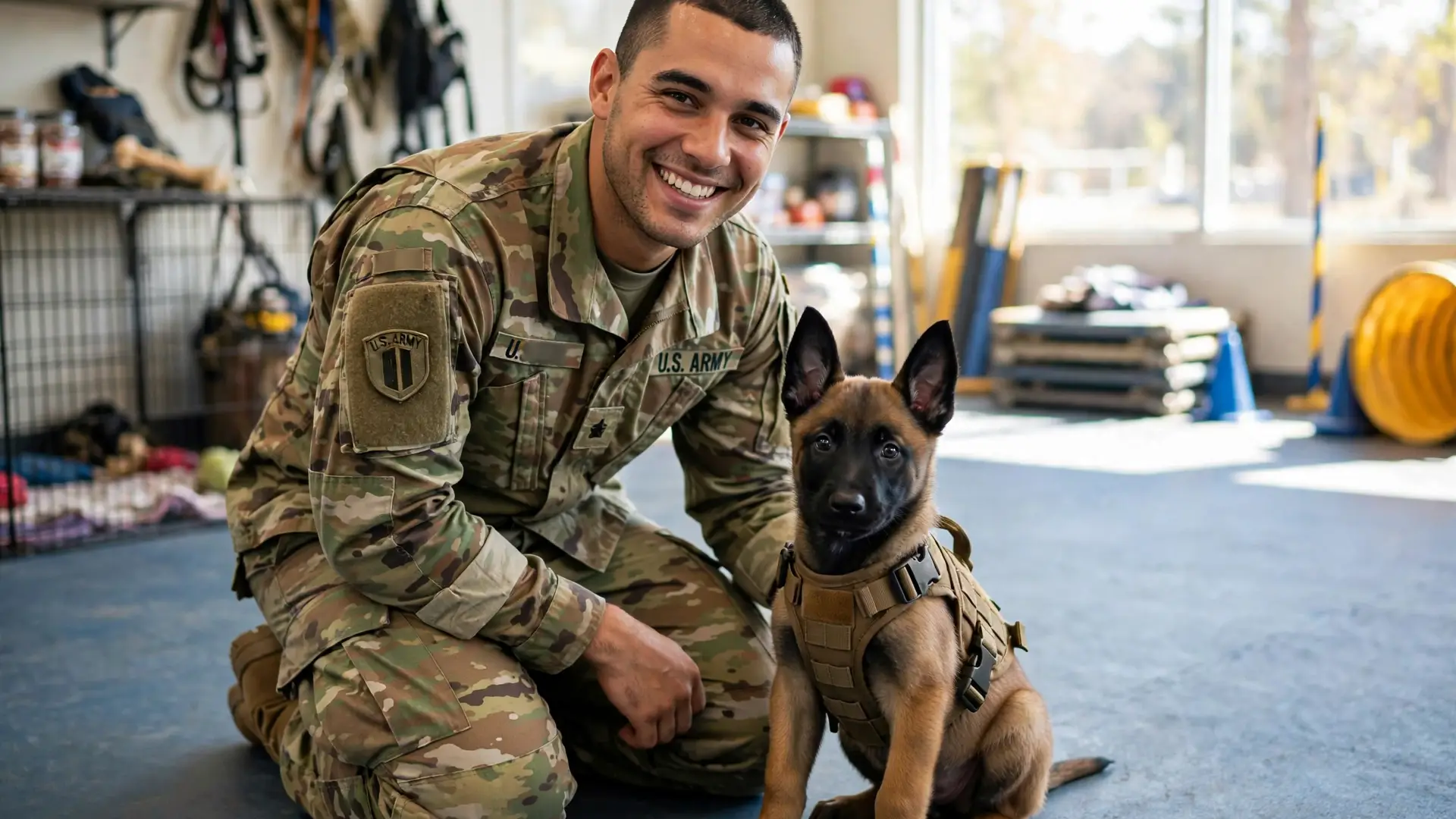 A military dog handler with a young Belgian Malinois puppy